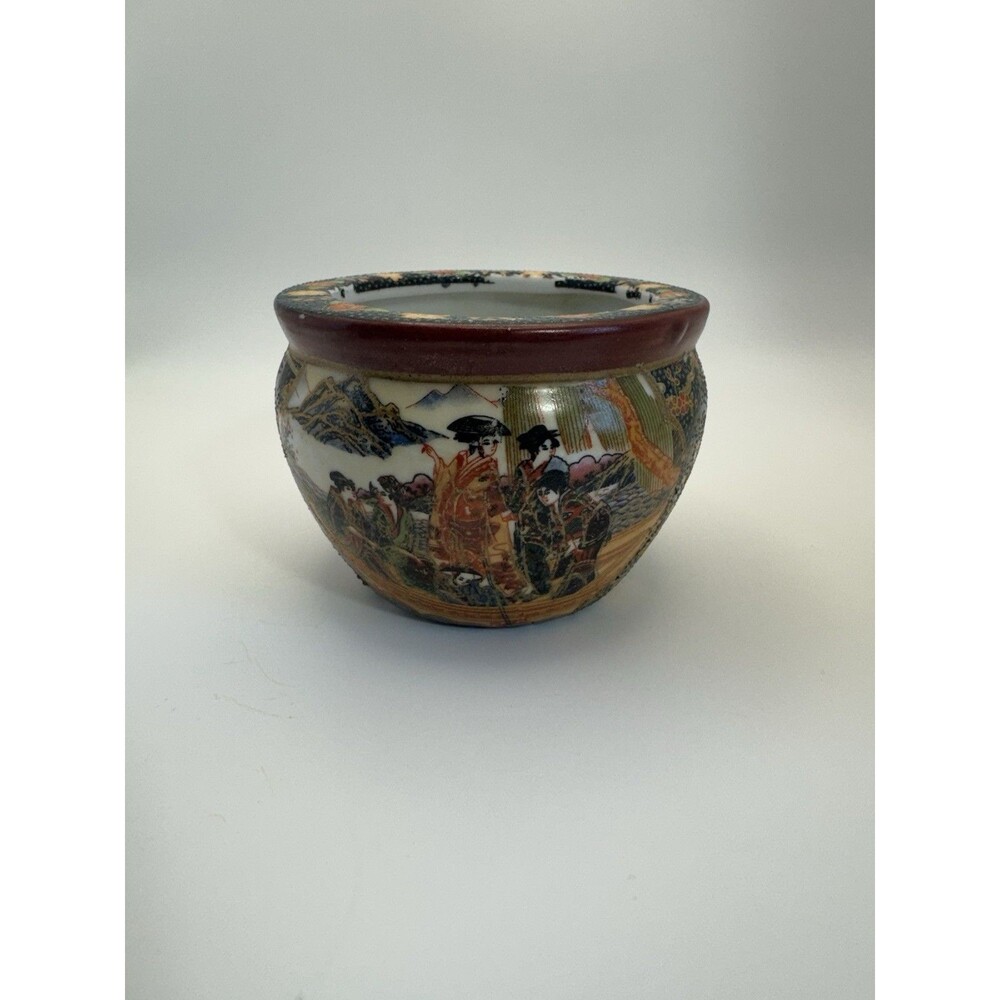 Vintage Satsuma Style Fish Bowl Ceramic Pot 4 Inches Tall Moriage Hand Painted